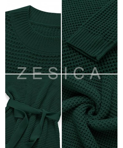 Women's 2024 Fall Long Sleeve Solid Color Waffle Knitted Tie Wasit Tunic Pullover Sweater Dress Darkgreen $17.80 Sweaters