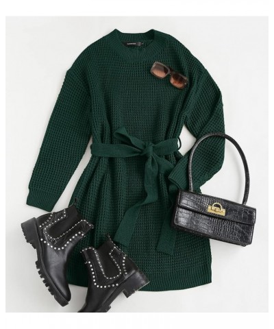 Women's 2024 Fall Long Sleeve Solid Color Waffle Knitted Tie Wasit Tunic Pullover Sweater Dress Darkgreen $17.80 Sweaters