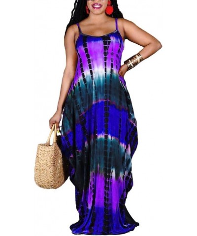Women's Spaghetti Strap Loose Low V Neckline Long Maxi Dress with Pockets Purple Tie Dye $15.00 Dresses