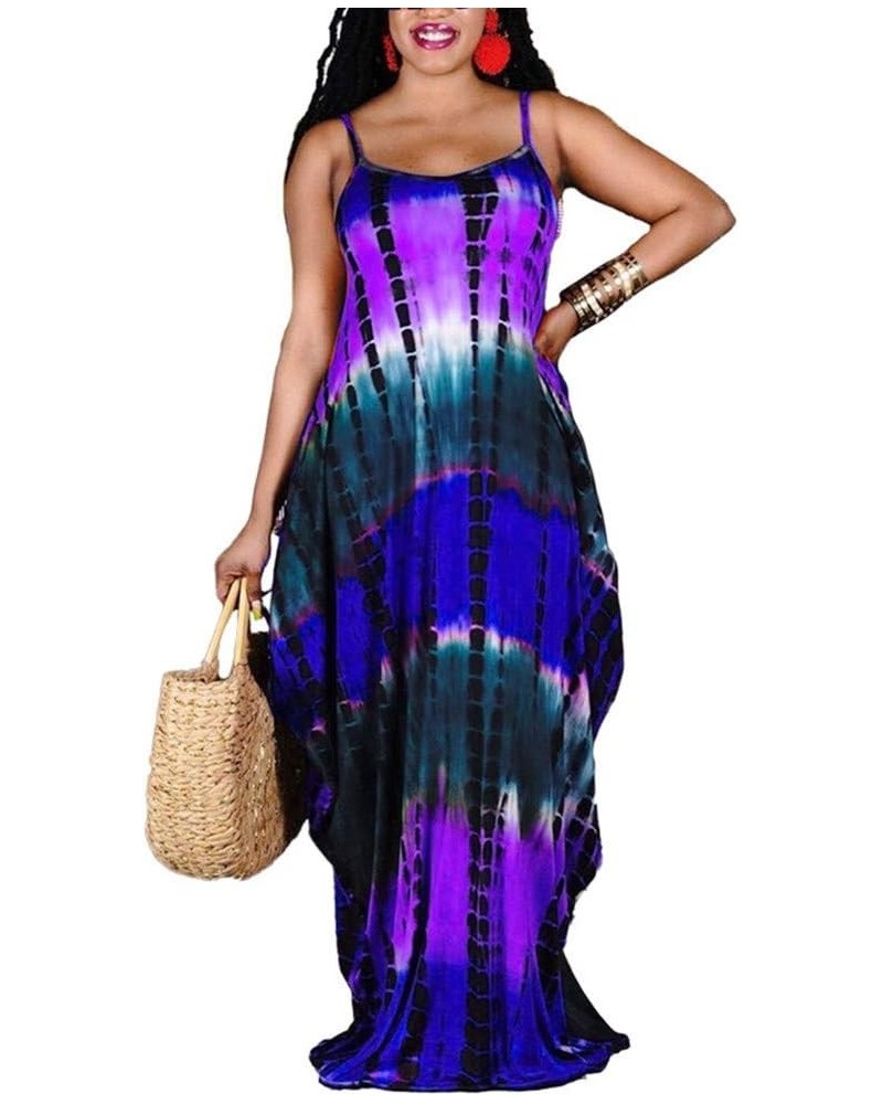 Women's Spaghetti Strap Loose Low V Neckline Long Maxi Dress with Pockets Purple Tie Dye $15.00 Dresses