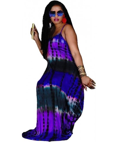 Women's Spaghetti Strap Loose Low V Neckline Long Maxi Dress with Pockets Purple Tie Dye $15.00 Dresses