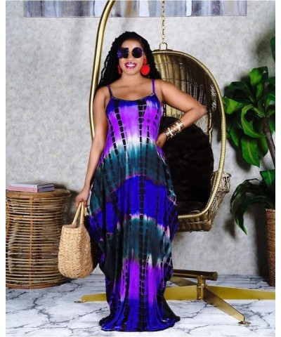 Women's Spaghetti Strap Loose Low V Neckline Long Maxi Dress with Pockets Purple Tie Dye $15.00 Dresses