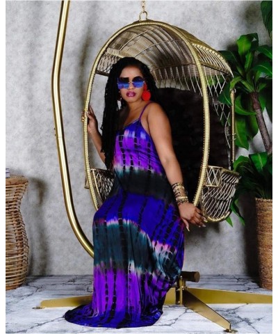 Women's Spaghetti Strap Loose Low V Neckline Long Maxi Dress with Pockets Purple Tie Dye $15.00 Dresses