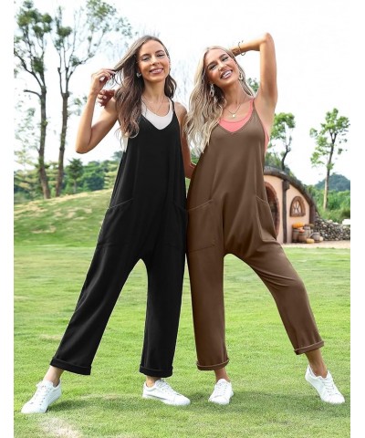 Womens Jumpsuits Casual V Neck Baggy Rompers Sleeveless Loose Adjustable Spaghetti Strap Overalls Jumpers with Pockets Coffee...