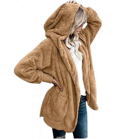 Plus Size Fleece Jackets For Women Winter Warm Plush Cardigan Fashion Soild Color Coats Open Front Hoodies With Pocket 03-kha...