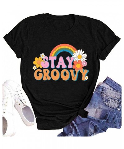 Stay Groovy Shirt for Womens Floral Graphic Retro Shirts Hippie 70s Tee Summer Tee Tops B-black $11.44 T-Shirts