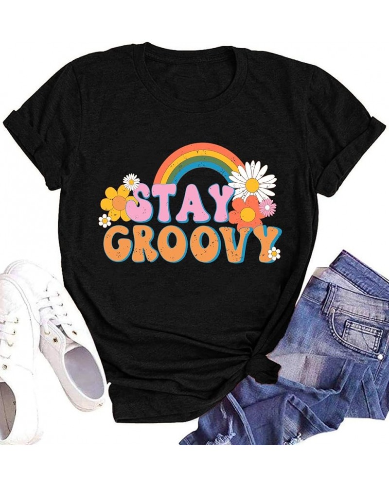 Stay Groovy Shirt for Womens Floral Graphic Retro Shirts Hippie 70s Tee Summer Tee Tops B-black $11.44 T-Shirts