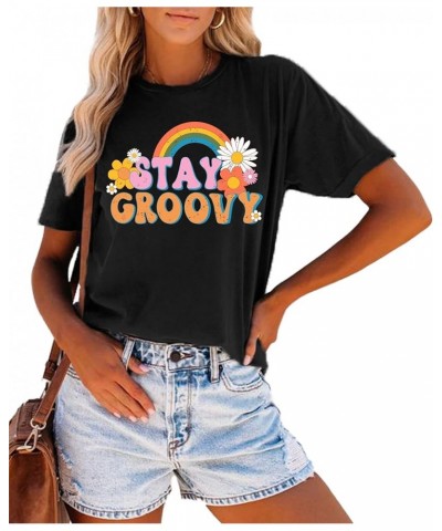 Stay Groovy Shirt for Womens Floral Graphic Retro Shirts Hippie 70s Tee Summer Tee Tops B-black $11.44 T-Shirts