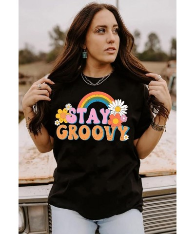 Stay Groovy Shirt for Womens Floral Graphic Retro Shirts Hippie 70s Tee Summer Tee Tops B-black $11.44 T-Shirts