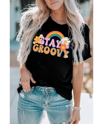 Stay Groovy Shirt for Womens Floral Graphic Retro Shirts Hippie 70s Tee Summer Tee Tops B-black $11.44 T-Shirts