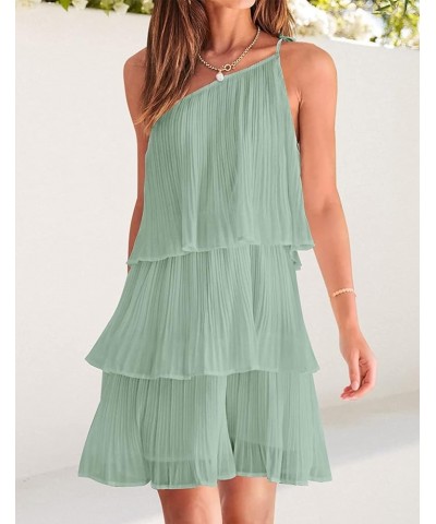 Women's 2023 One Shoulder Summer Dresses Sleeveless Casual Ruffle Tiered Layered Flowy Chiffon Boho Mini Dress Bean Green $12...