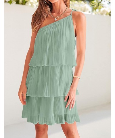 Women's 2023 One Shoulder Summer Dresses Sleeveless Casual Ruffle Tiered Layered Flowy Chiffon Boho Mini Dress Bean Green $12...