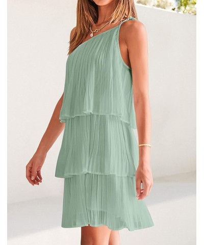 Women's 2023 One Shoulder Summer Dresses Sleeveless Casual Ruffle Tiered Layered Flowy Chiffon Boho Mini Dress Bean Green $12...