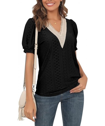 Womens Eyelet Summer Tops Dressy Casual V Neck Puff Sleeve Solid Color T Shirts Hollowed Out Blouses Z Black $12.30 Tops