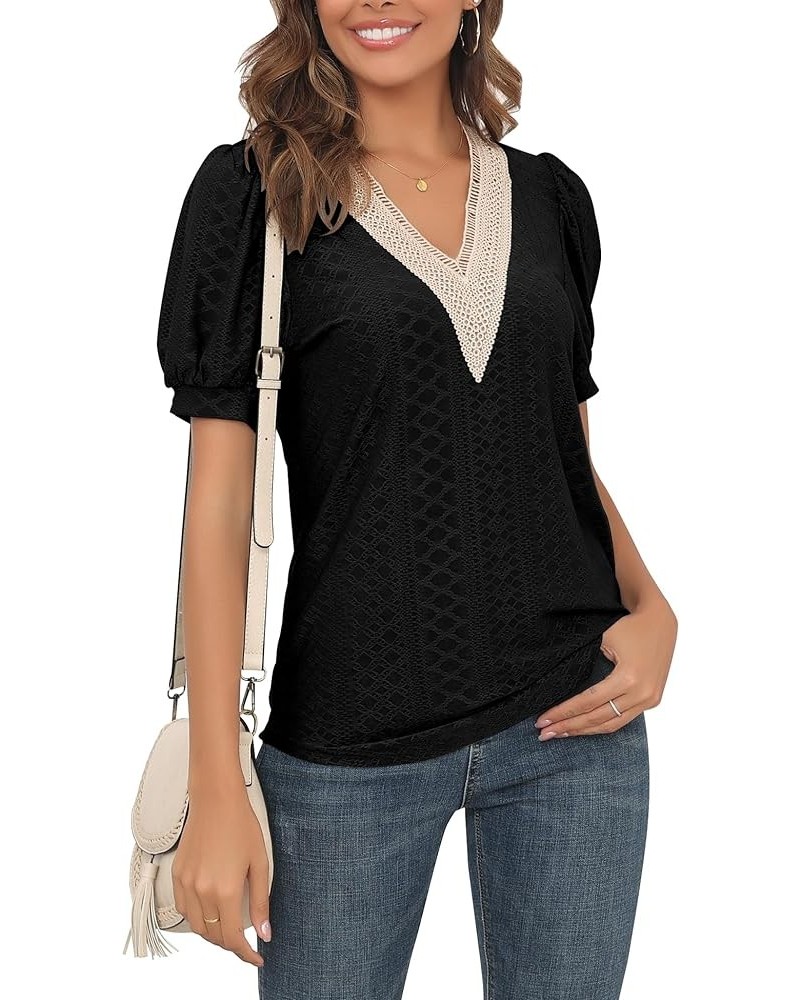 Womens Eyelet Summer Tops Dressy Casual V Neck Puff Sleeve Solid Color T Shirts Hollowed Out Blouses Z Black $12.30 Tops