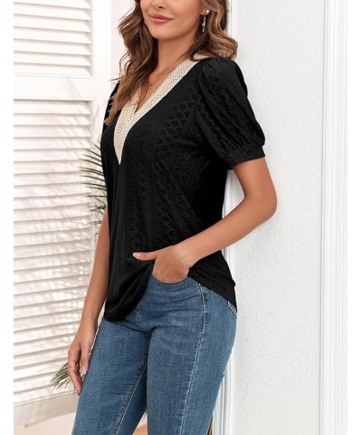 Womens Eyelet Summer Tops Dressy Casual V Neck Puff Sleeve Solid Color T Shirts Hollowed Out Blouses Z Black $12.30 Tops