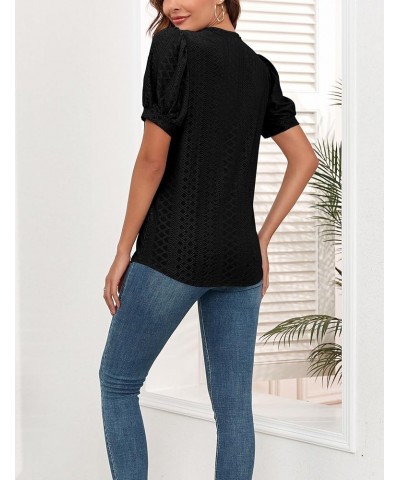 Womens Eyelet Summer Tops Dressy Casual V Neck Puff Sleeve Solid Color T Shirts Hollowed Out Blouses Z Black $12.30 Tops