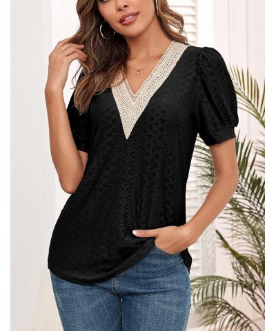 Womens Eyelet Summer Tops Dressy Casual V Neck Puff Sleeve Solid Color T Shirts Hollowed Out Blouses Z Black $12.30 Tops