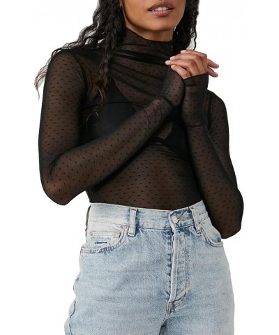 Women Sexy See Through Y2K Tops Long Sleeve High Neck Slim Fitted Lace Sheer Going Out Crop Blouse Shirts Black $9.51 Blouses