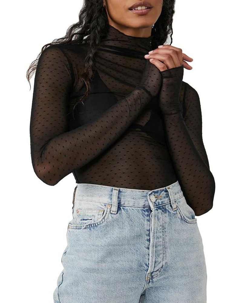 Women Sexy See Through Y2K Tops Long Sleeve High Neck Slim Fitted Lace Sheer Going Out Crop Blouse Shirts Black $9.51 Blouses