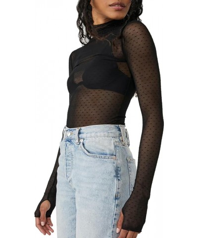 Women Sexy See Through Y2K Tops Long Sleeve High Neck Slim Fitted Lace Sheer Going Out Crop Blouse Shirts Black $9.51 Blouses