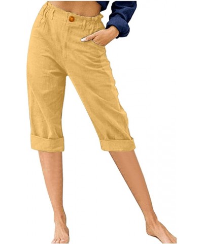 Summer Pants for Women 2023 Trendy High Waist Wide Leg Linen Capri Pant Loose Comfy Capris Trousers with Pockets J08-yellow $...