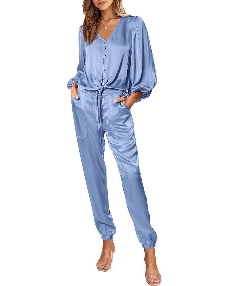 Women Satin 2 Piece Outfits V Neck Long Sleeve Button Down Tie Knot Tops Jogger Pants Sets With Pocket 2024 Solid Light Blue ...