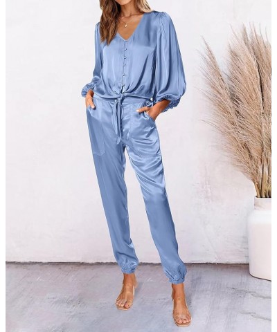 Women Satin 2 Piece Outfits V Neck Long Sleeve Button Down Tie Knot Tops Jogger Pants Sets With Pocket 2024 Solid Light Blue ...