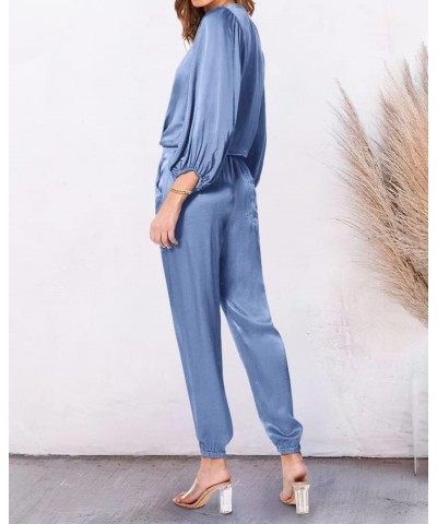 Women Satin 2 Piece Outfits V Neck Long Sleeve Button Down Tie Knot Tops Jogger Pants Sets With Pocket 2024 Solid Light Blue ...