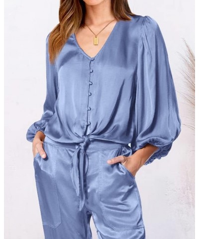 Women Satin 2 Piece Outfits V Neck Long Sleeve Button Down Tie Knot Tops Jogger Pants Sets With Pocket 2024 Solid Light Blue ...