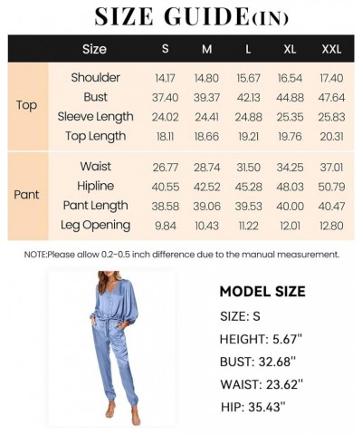 Women Satin 2 Piece Outfits V Neck Long Sleeve Button Down Tie Knot Tops Jogger Pants Sets With Pocket 2024 Solid Light Blue ...