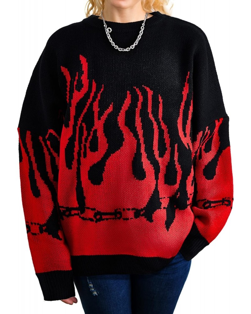 Women Long Sleeve Flame Bat Sleeve Jumper Oversized Casual Knitting Sweater Flame Pullover Bat Sleeve (Black and Red) $13.76 ...