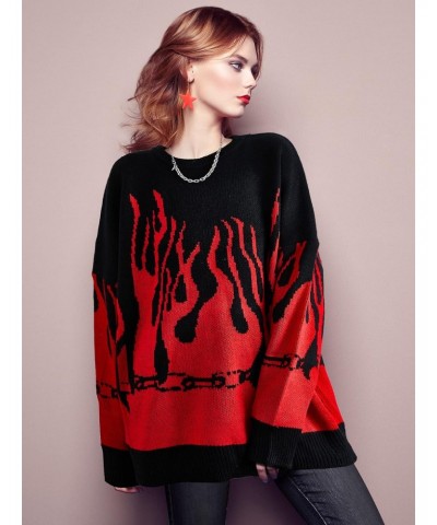 Women Long Sleeve Flame Bat Sleeve Jumper Oversized Casual Knitting Sweater Flame Pullover Bat Sleeve (Black and Red) $13.76 ...