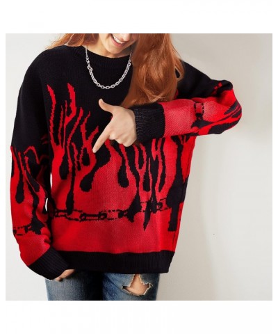 Women Long Sleeve Flame Bat Sleeve Jumper Oversized Casual Knitting Sweater Flame Pullover Bat Sleeve (Black and Red) $13.76 ...