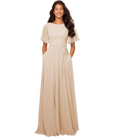 Women's Long Chiffon Bridesmaid Dresses A Line Bateau Neck Flutter Sleeve Formal Evening Prom Gown with Pockets Champagne $34...