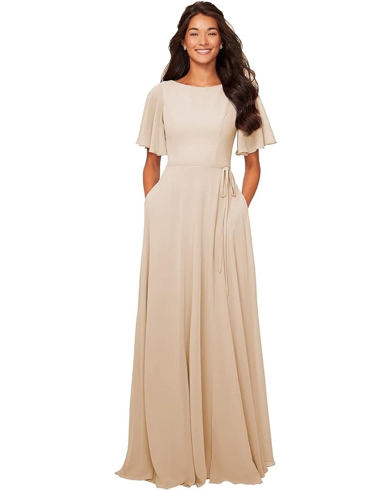 Women's Long Chiffon Bridesmaid Dresses A Line Bateau Neck Flutter Sleeve Formal Evening Prom Gown with Pockets Champagne $34...