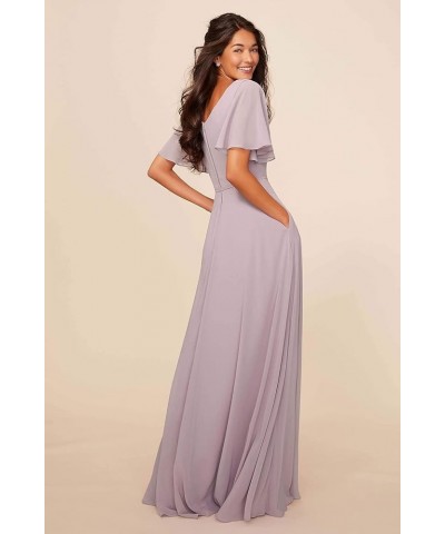 Women's Long Chiffon Bridesmaid Dresses A Line Bateau Neck Flutter Sleeve Formal Evening Prom Gown with Pockets Champagne $34...