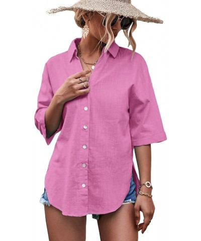 Women's Half Sleeve V Neck Button Down Shirt Drop Shoulder Collared Blouse Top Pink $8.54 Blouses