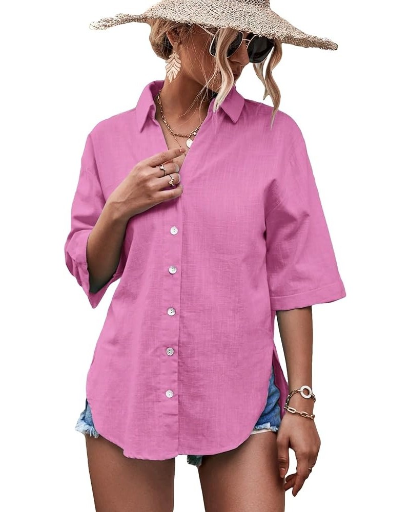 Women's Half Sleeve V Neck Button Down Shirt Drop Shoulder Collared Blouse Top Pink $8.54 Blouses