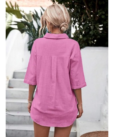 Women's Half Sleeve V Neck Button Down Shirt Drop Shoulder Collared Blouse Top Pink $8.54 Blouses