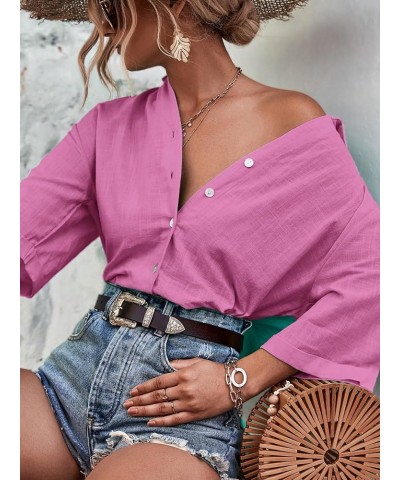 Women's Half Sleeve V Neck Button Down Shirt Drop Shoulder Collared Blouse Top Pink $8.54 Blouses