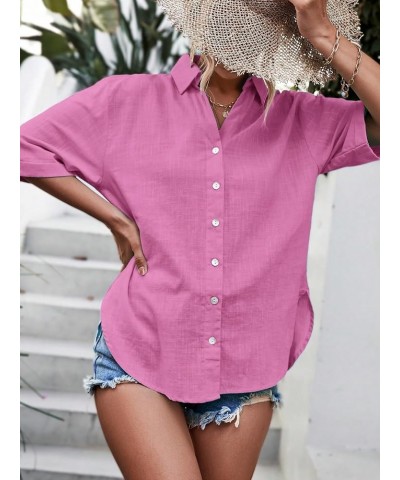 Women's Half Sleeve V Neck Button Down Shirt Drop Shoulder Collared Blouse Top Pink $8.54 Blouses