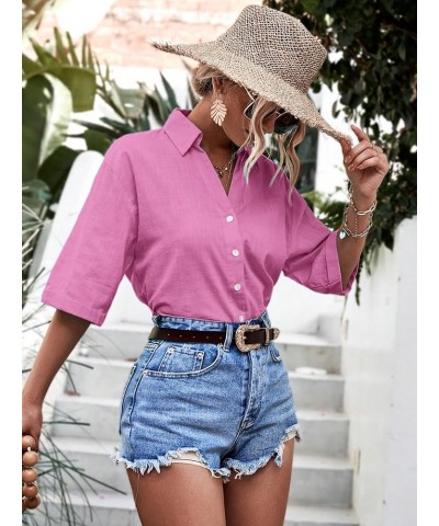 Women's Half Sleeve V Neck Button Down Shirt Drop Shoulder Collared Blouse Top Pink $8.54 Blouses