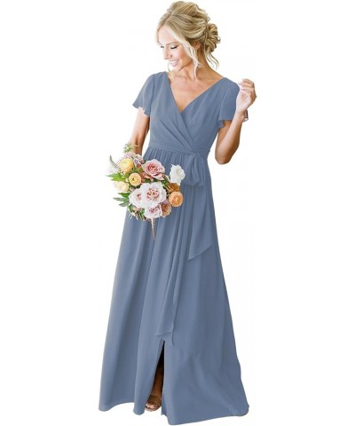 Women's Short Sleeve Bridesmaid Dresses with Slit 2023 V Neck Pleated Party Dress YMS159 Steel Blue $33.91 Dresses