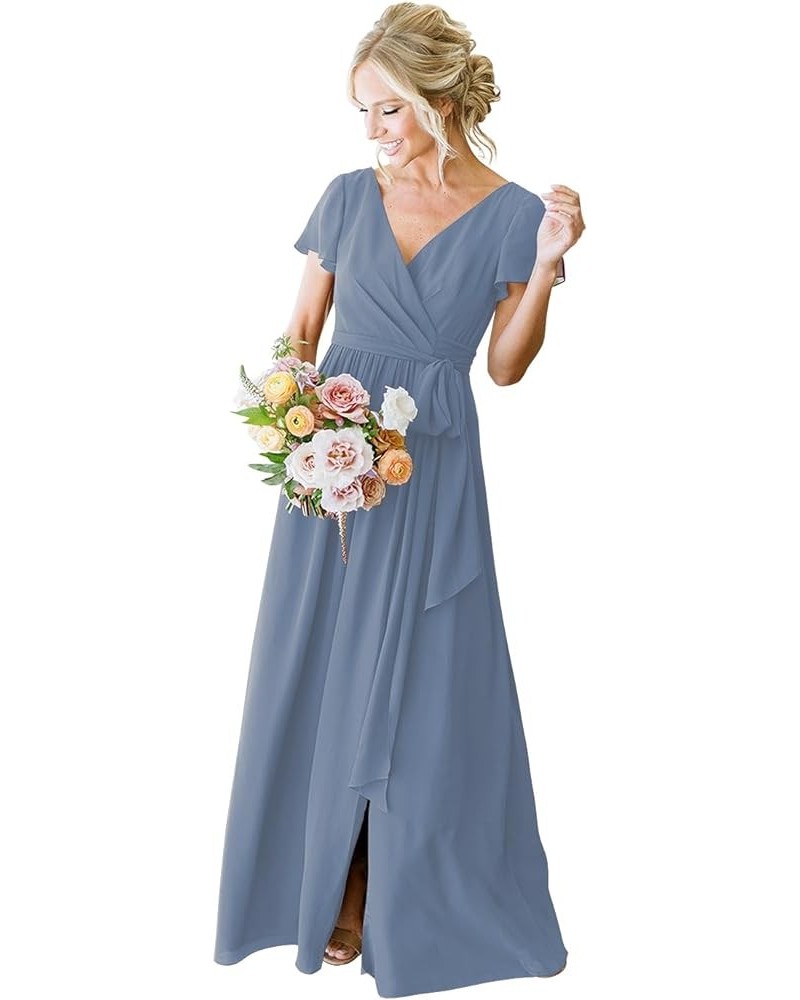 Women's Short Sleeve Bridesmaid Dresses with Slit 2023 V Neck Pleated Party Dress YMS159 Steel Blue $33.91 Dresses