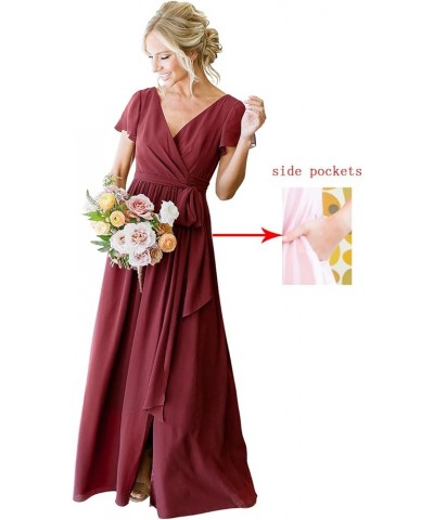 Women's Short Sleeve Bridesmaid Dresses with Slit 2023 V Neck Pleated Party Dress YMS159 Steel Blue $33.91 Dresses