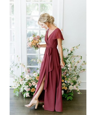 Women's Short Sleeve Bridesmaid Dresses with Slit 2023 V Neck Pleated Party Dress YMS159 Steel Blue $33.91 Dresses