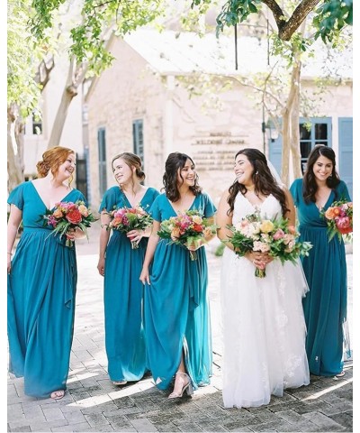 Women's Short Sleeve Bridesmaid Dresses with Slit 2023 V Neck Pleated Party Dress YMS159 Steel Blue $33.91 Dresses