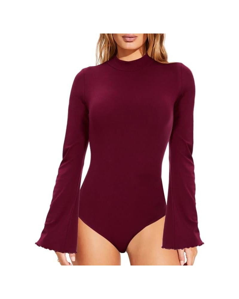 Turtleneck Bodysuit for Women Mock Neck Long Sleeve Bodysuit Bell Sleeve Tank Top Womens Thong Body suit Burgundy $12.25 Ling...