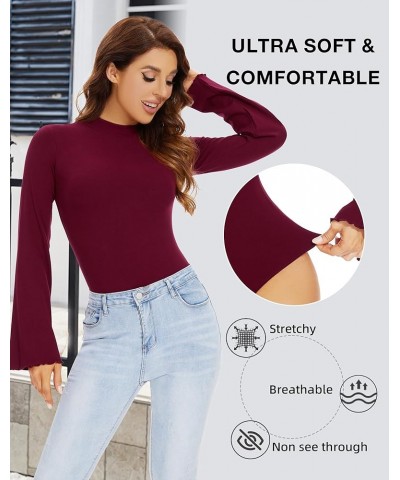 Turtleneck Bodysuit for Women Mock Neck Long Sleeve Bodysuit Bell Sleeve Tank Top Womens Thong Body suit Burgundy $12.25 Ling...